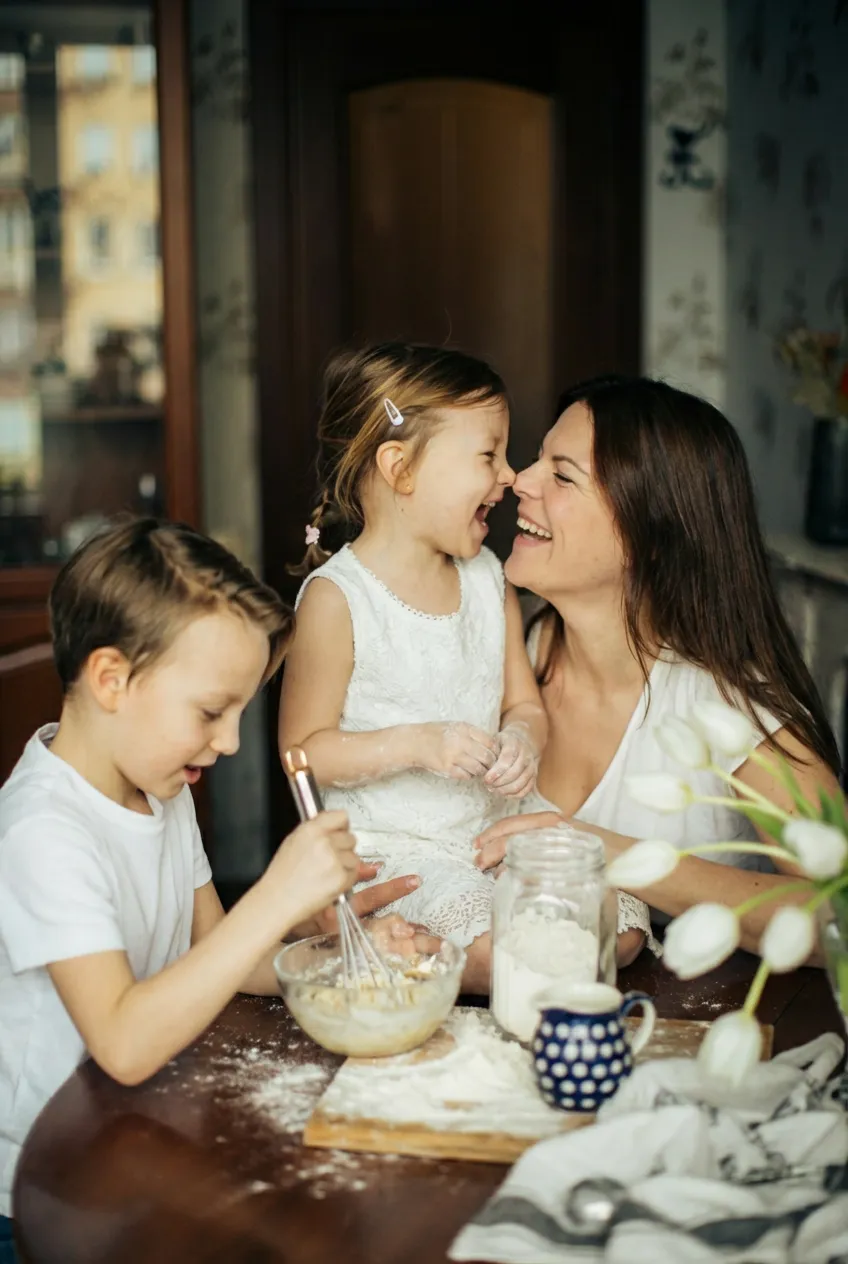 Moeder eet mij twee kinderen in de keuken