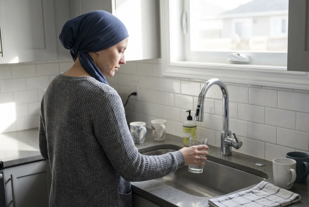 vrouw in de keuken maar komt geen water uit de kraan