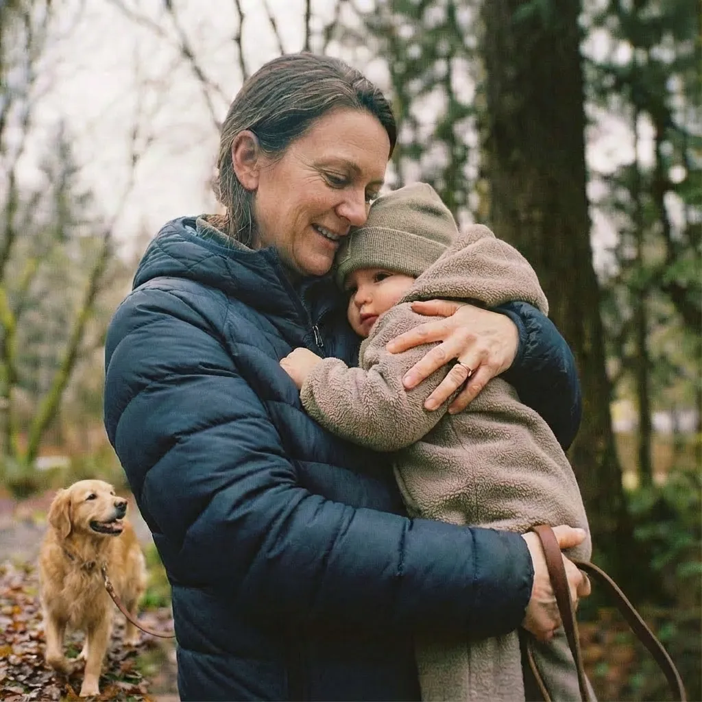 vrouw wandeld met hond en beschermd haar baby in de winter